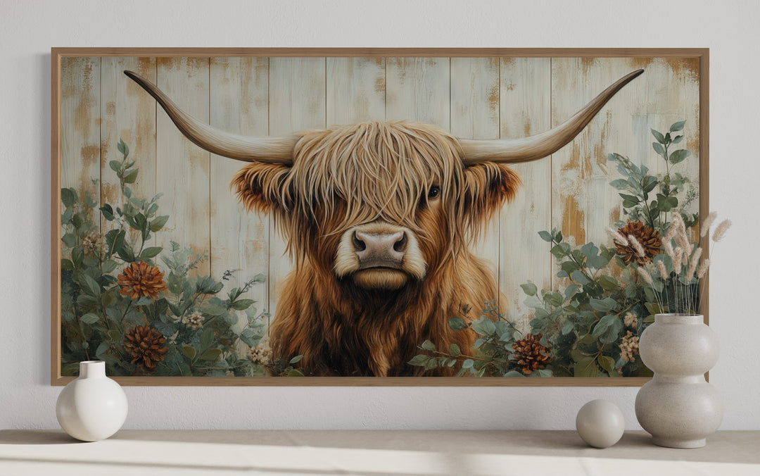 Framed canvas wall art of a Highland cow with flowers on a distressed wood-style background.