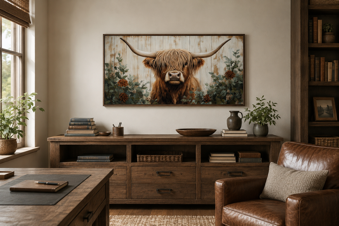 Highland cow with flowers on a distressed wood-style framed canvas in a rustic living room.