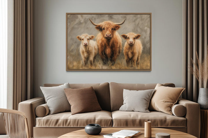 Highland Cow and Two Calves Canvas Wall Art
