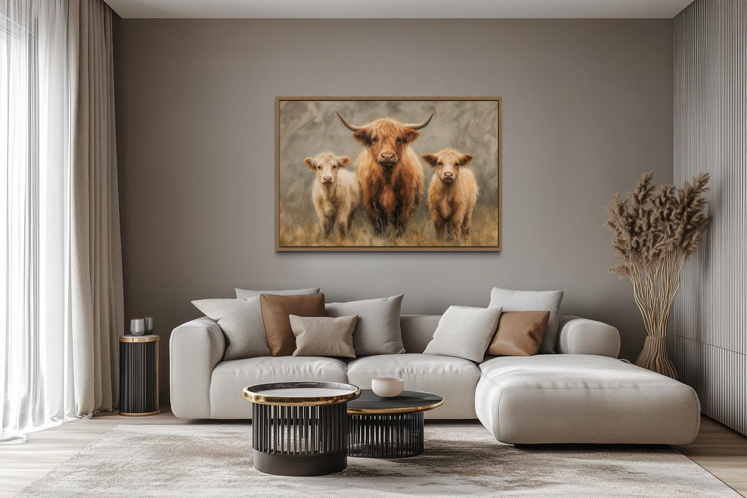 Highland Cow and Two Calves Canvas Wall Art