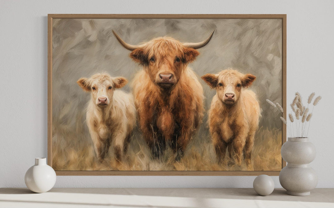 Highland Cow and Two Calves Canvas Wall Art