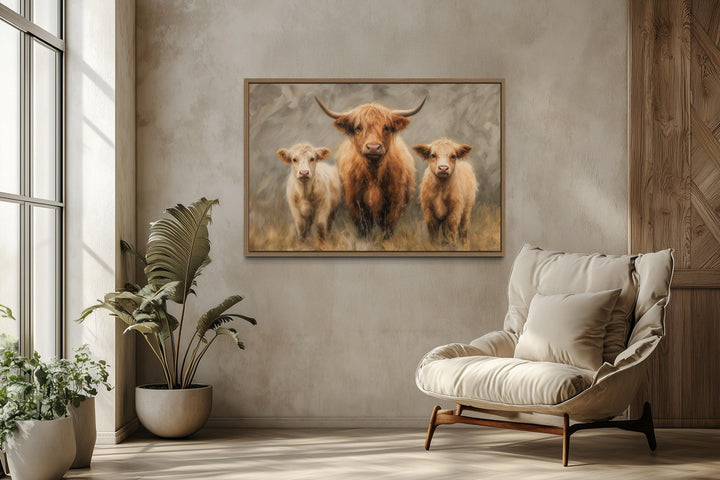 Highland Cow and Two Calves Canvas Wall Art