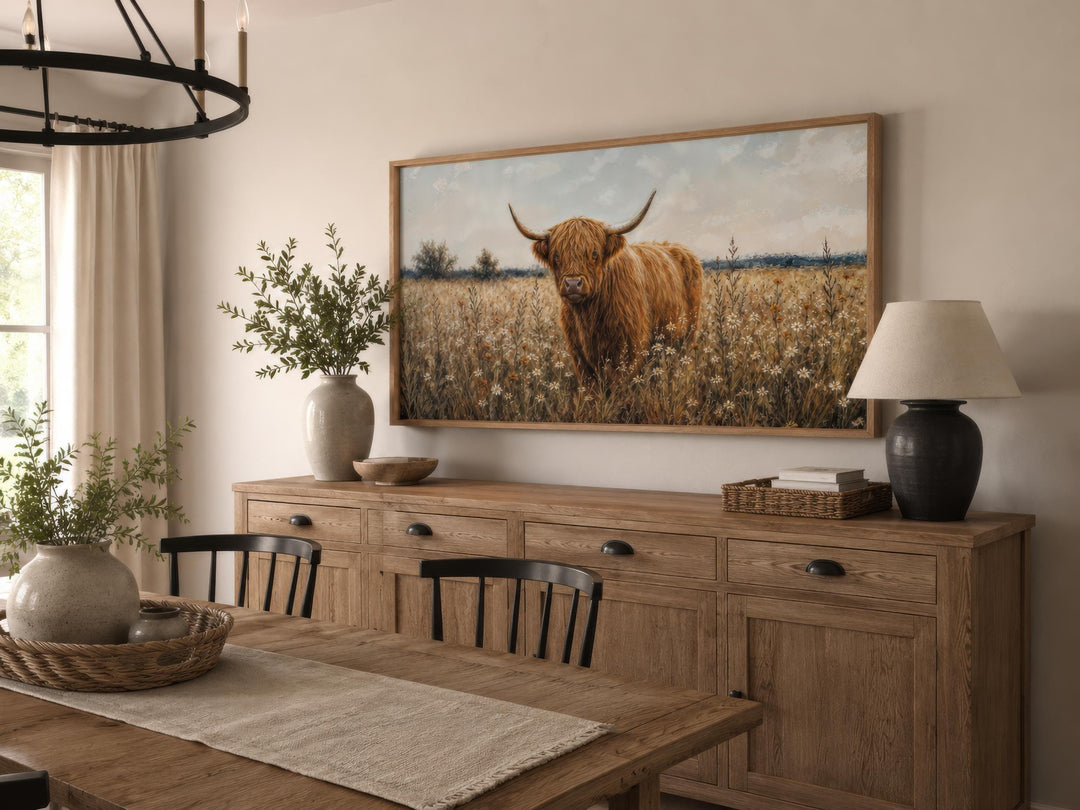 Highland Cow in Wildflower Meadow wall art canvas print in a rustic farmhouse dining room.