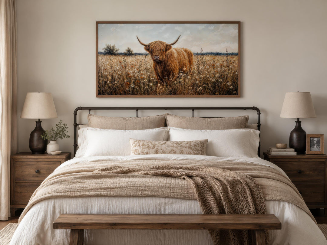 Framed Highland cow canvas print hanging above a bed in a rustic farmhouse bedroom.