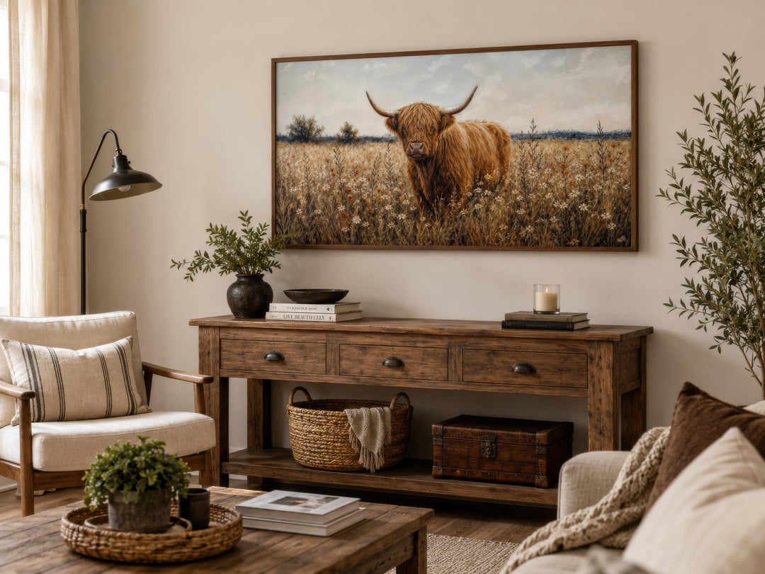 Highland Cow in Wildflower Meadow Wall Art, a rustic farmhouse canvas print in a wooden frame.