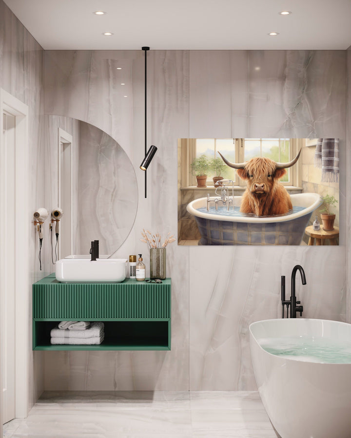 Highland Cow in a Bathtub Framed Canvas Wall Art