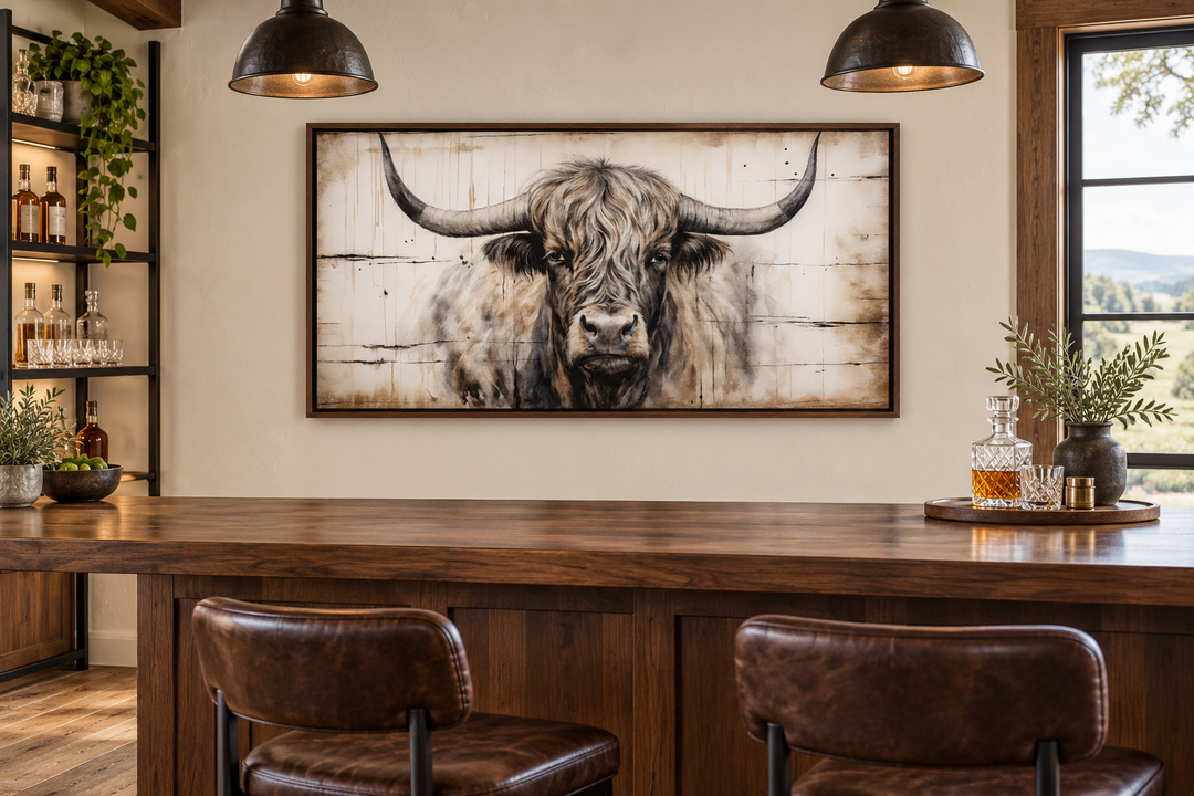 Framed Highland bull canvas wall art on a wood-textured background in a rustic home bar setting.
