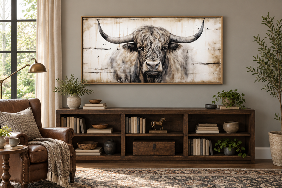 Highland bull painting on wood-textured framed canvas in a rustic farmhouse living room.