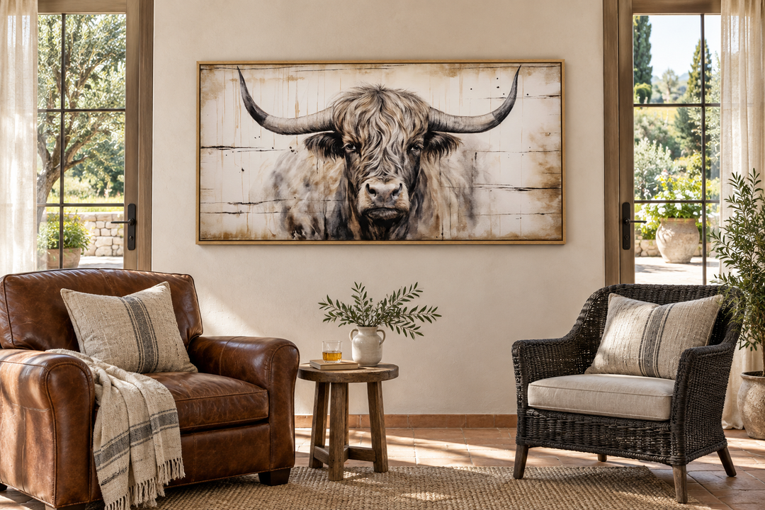 Highland bull painting on wood-textured framed canvas in a rustic farmhouse living room.