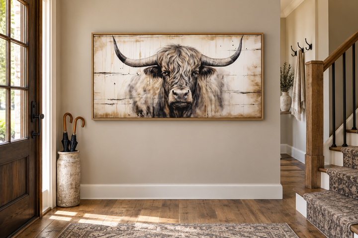 Highland bull painting on wood-textured framed canvas in a rustic farmhouse entryway.