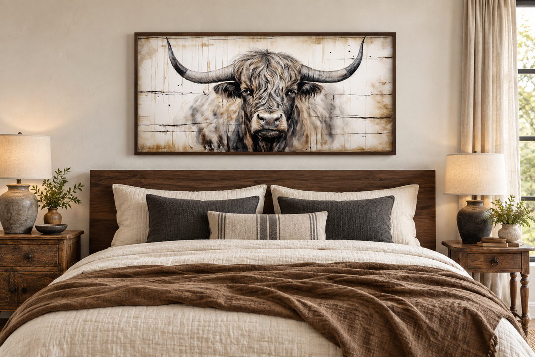 Framed Highland bull painting on wood-textured canvas hanging above a rustic wooden bed.