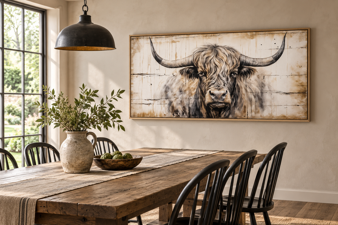 Highland bull painting on wood-textured framed canvas in a rustic farmhouse dining room.