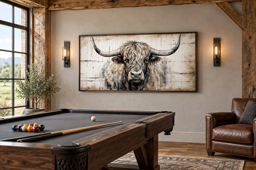 Framed Highland bull painting on wood-textured canvas in a rustic room with a pool table.