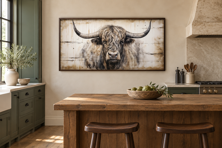 Highland bull painting on wood-textured canvas in a rustic farmhouse kitchen above a wooden island.