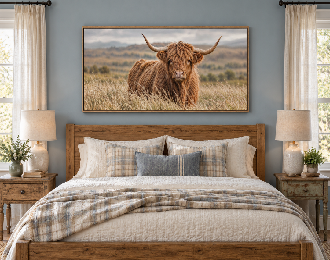 Highland Cow In Grass Field Photography Framed Canvas Wall Art hanging above a farmhouse bed.