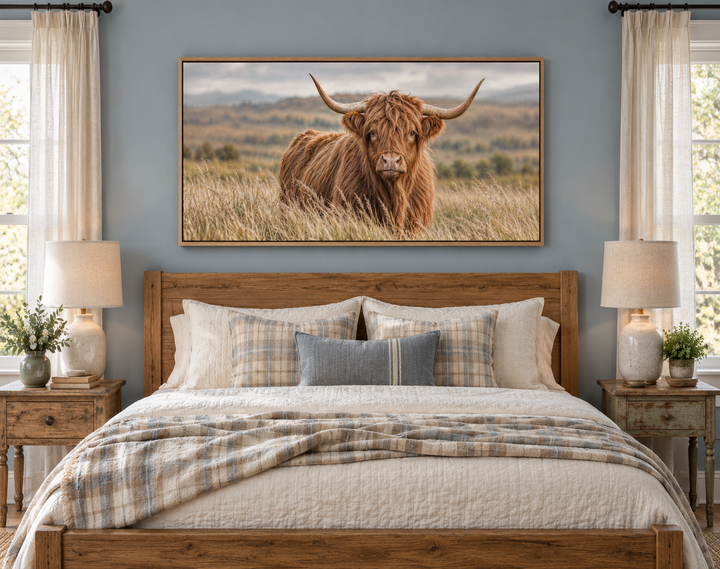 Highland Cow In Grass Field Photography Framed Canvas Wall Art hanging above a farmhouse bed.
