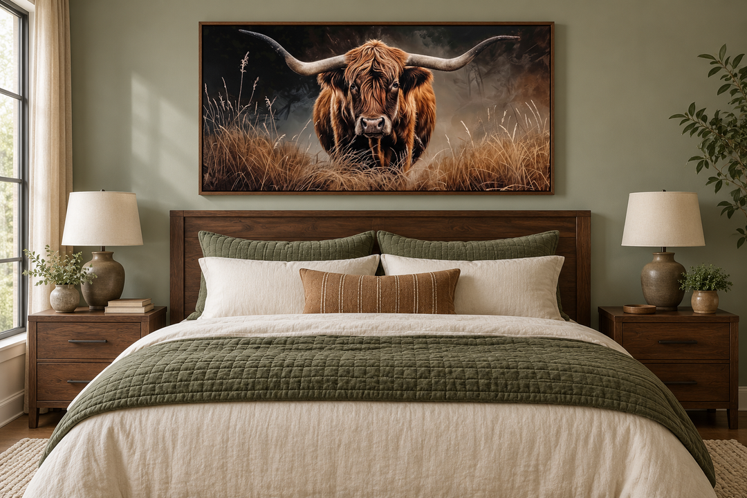 Framed highland cow canvas painting hanging above a bed in a rustic farmhouse bedroom.
