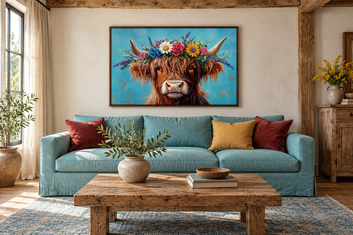 Highland cow canvas wall art with a floral wreath above a turquoise sofa in a farmhouse living room.