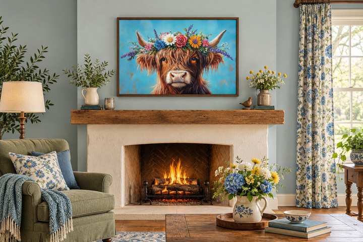Highland cow canvas wall art with a floral wreath above a rustic fireplace in a farmhouse living room