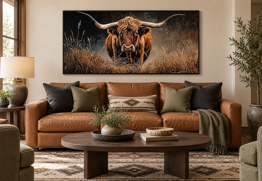 Framed canvas painting of a Highland cow with long horns above a brown leather sofa.