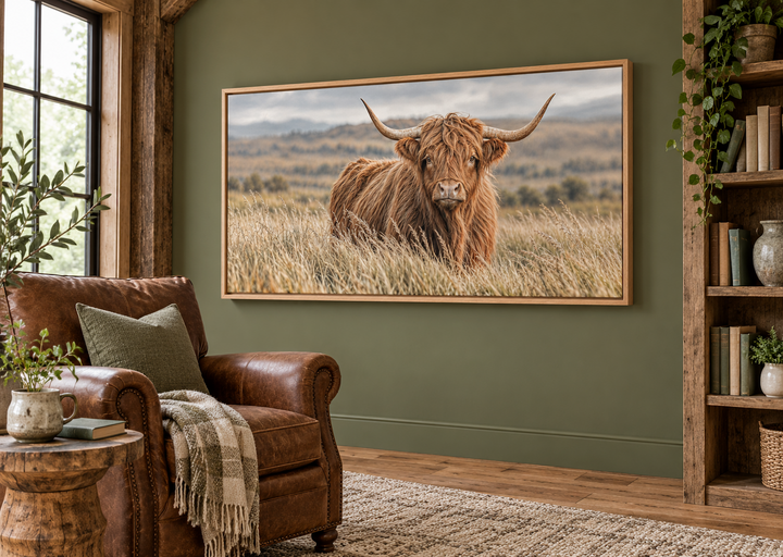 Highland Cow In Grass Field Photography Framed Canvas Wall Art in a rustic living room.