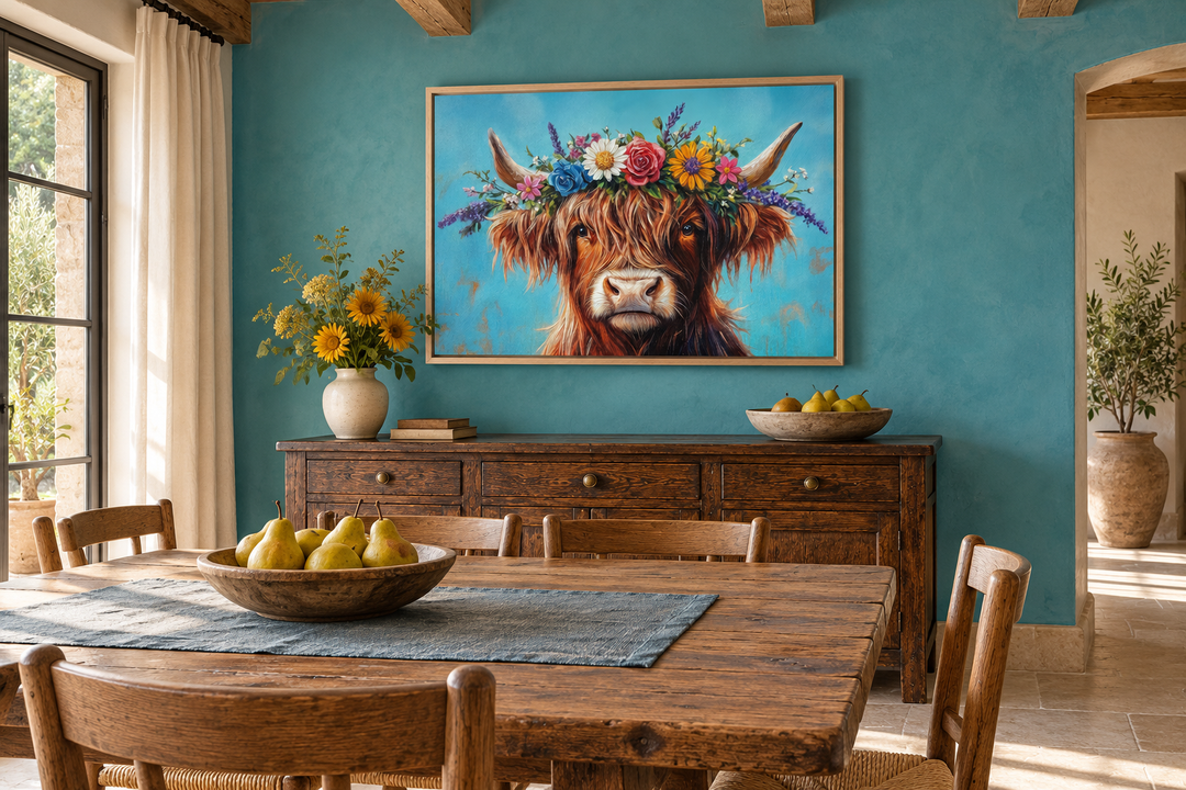 Highland cow canvas wall art with a floral wreath on a turquoise wall in a rustic dining room.