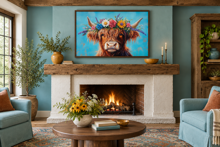 Highland cow with floral wreath canvas wall art above a rustic fireplace in a farmhouse living room.