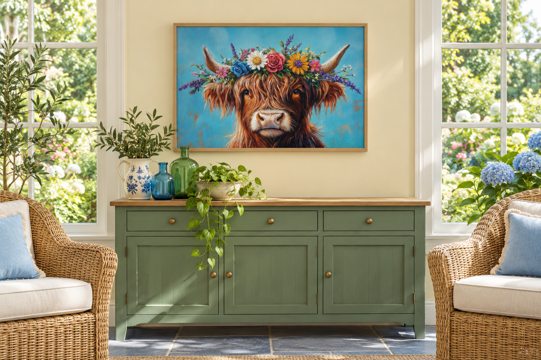 Highland Cow with Floral Wreath Farmhouse Canvas Wall Art above a green sideboard in a sunroom.