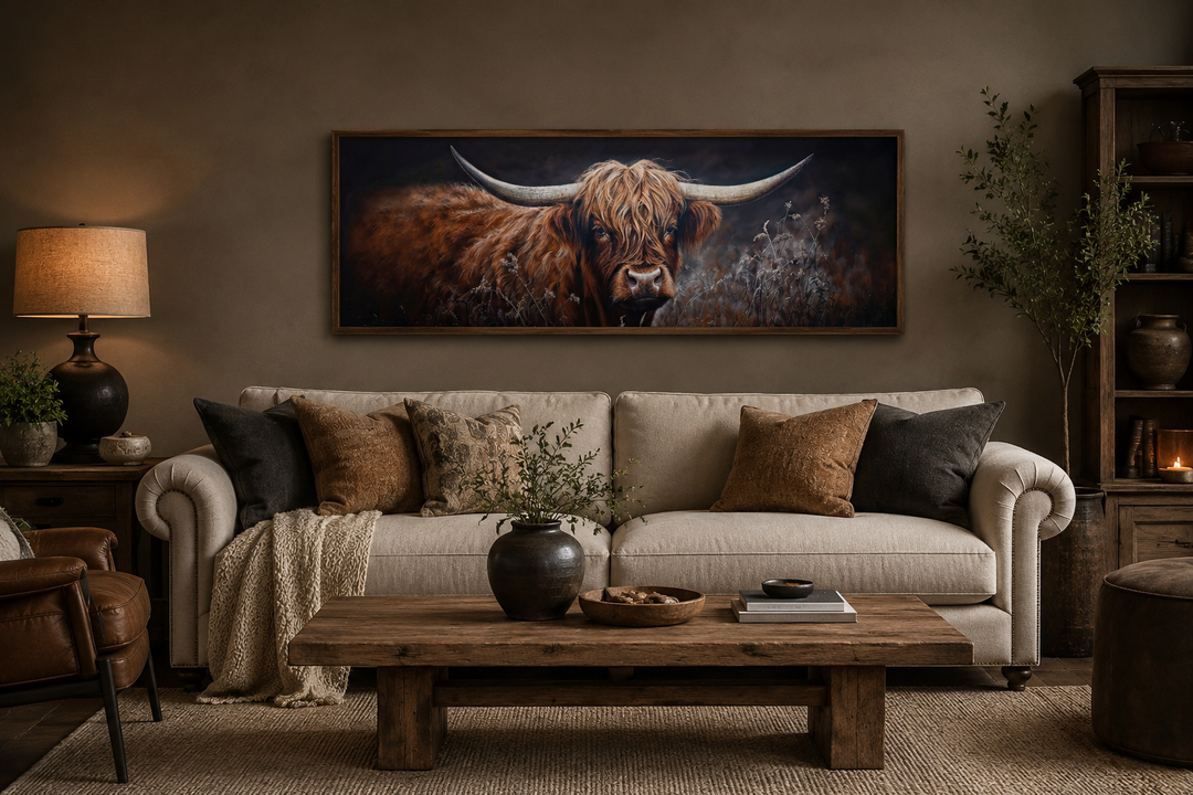 Long horizontal canvas wall art of a dark Highland cow above a sofa in a rustic living room.
