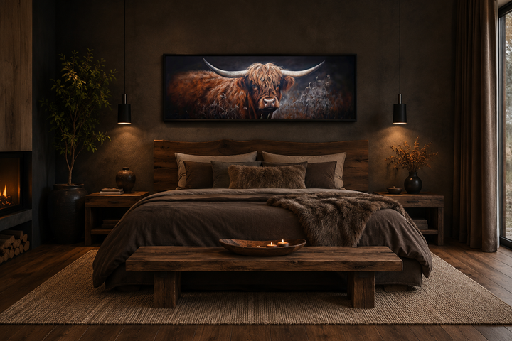 Long horizontal canvas art of a dark Highland cow above a bed in a rustic farmhouse bedroom.