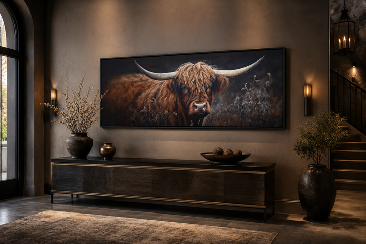 Dark Highland cow horizontal canvas wall art in a rustic living room above a dark wood sideboard.