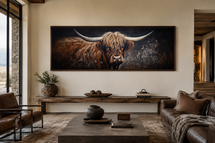 Long horizontal canvas wall art of a dark Highland cow in grass above a couch in a rustic room.
