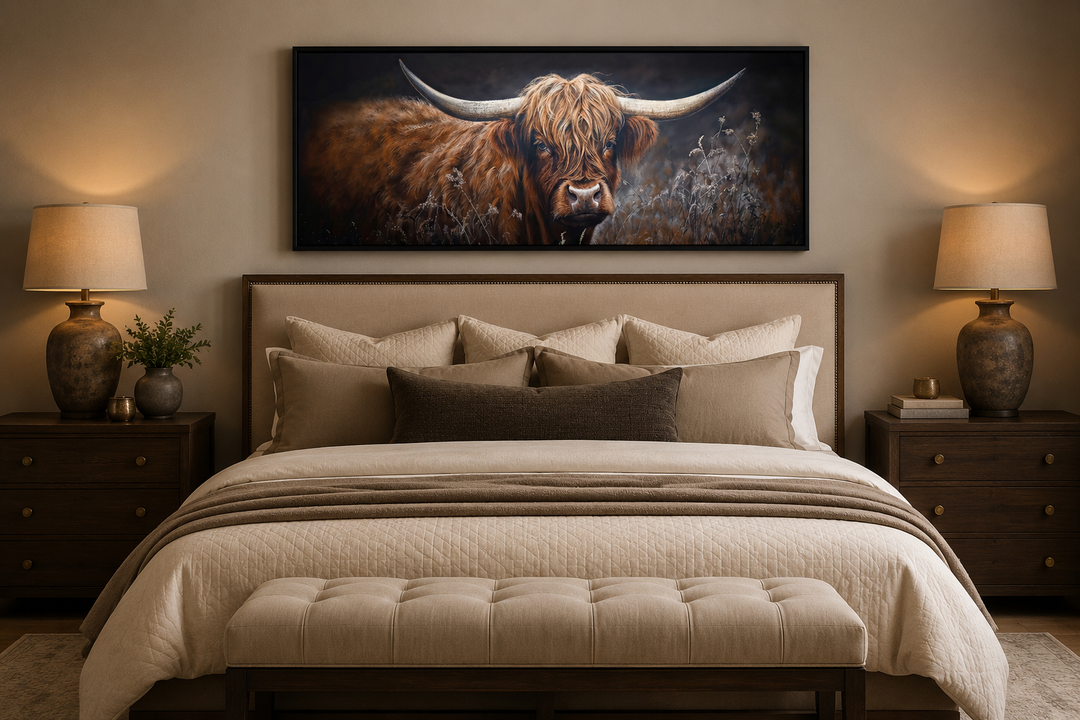 Long horizontal canvas art of a dark Highland cow with shaggy fur and horns above a bed.