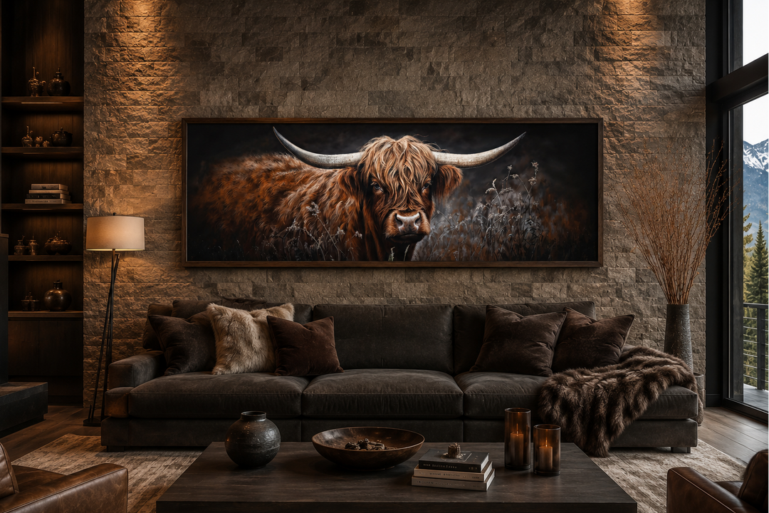Long horizontal canvas wall art of a dark Highland cow above a couch in a rustic living room.