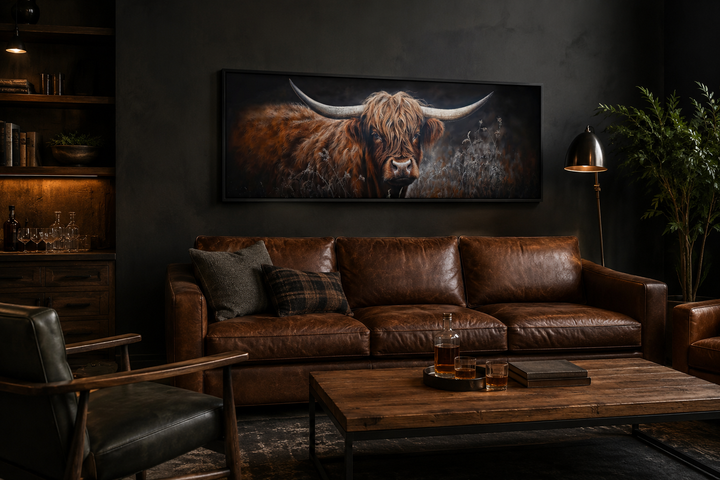 Long horizontal canvas wall art of a dark Highland cow above a brown leather couch in a dark room.