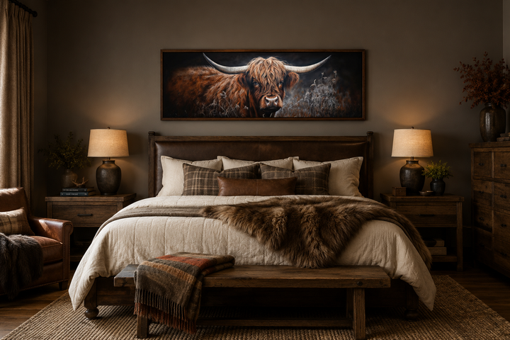 Long horizontal canvas wall art of a dark Highland cow above a bed in a rustic farmhouse bedroom.