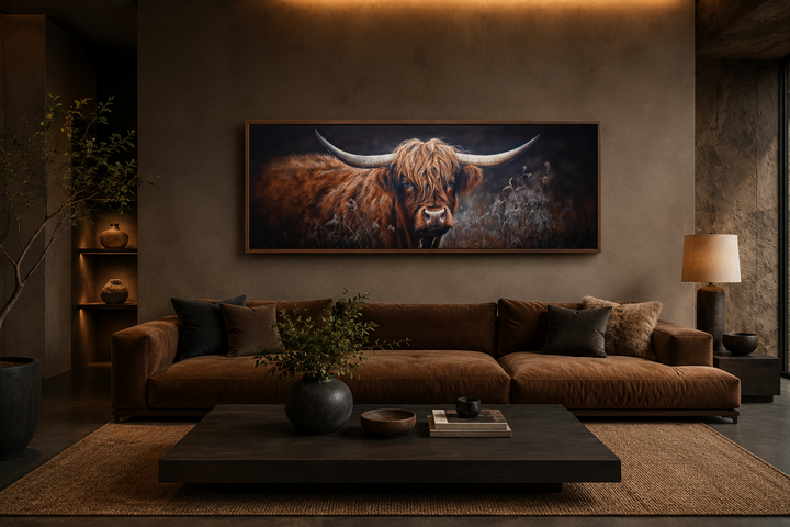 Long horizontal canvas art of a dark Highland cow with large horns above a brown sofa.