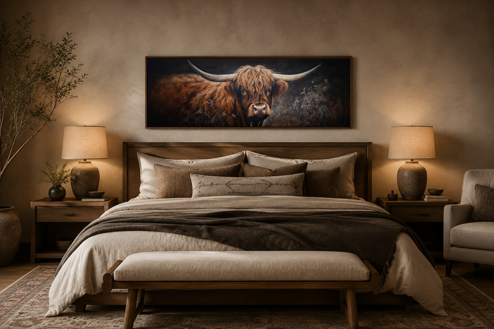 Long horizontal canvas wall art of a dark Highland cow in grass above a bed in a farmhouse bedroom.