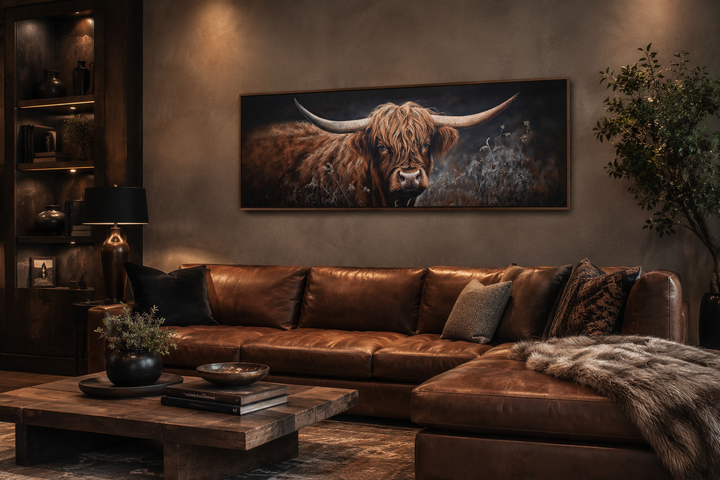 Long horizontal canvas wall art of a dark Highland cow above a brown leather sectional sofa.