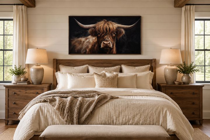 Highland cow on black background framed canvas wall art above a bed in a farmhouse bedroom.
