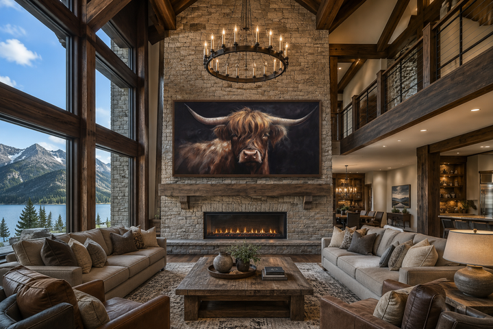 Highland cow on black background framed canvas wall art above a fireplace in a rustic living room.