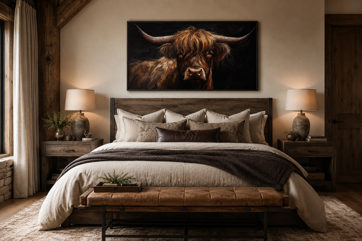 Highland cow on black background framed canvas wall art in a rustic farmhouse bedroom.
