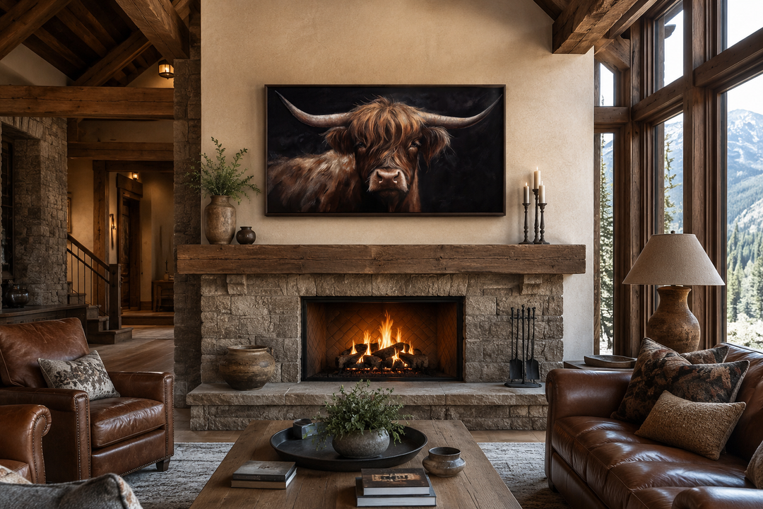 Highland cow on black background framed canvas wall art above a fireplace in a rustic living room.
