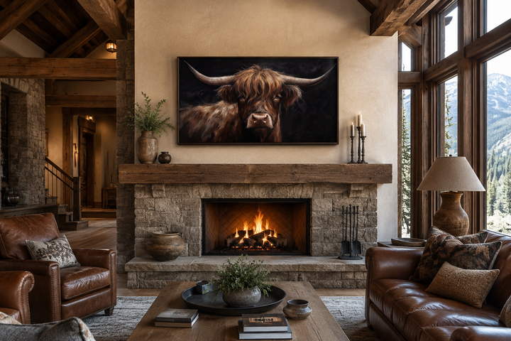 Highland cow on black background framed canvas wall art above a fireplace in a rustic living room.