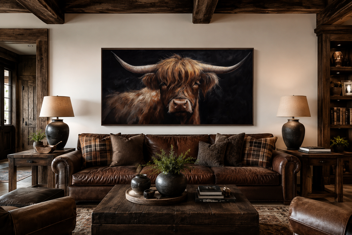 Framed canvas wall art of a Highland cow on a black background in a rustic living room.