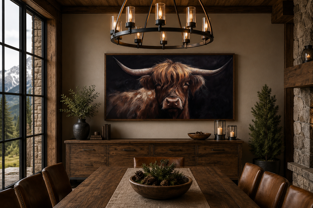 Highland cow on black background framed canvas wall art in a rustic farmhouse dining room.