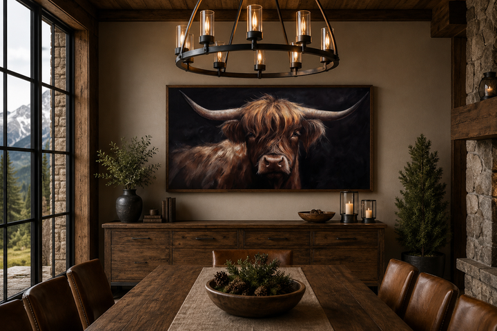 Highland cow on black background framed canvas wall art in a rustic farmhouse dining room.
