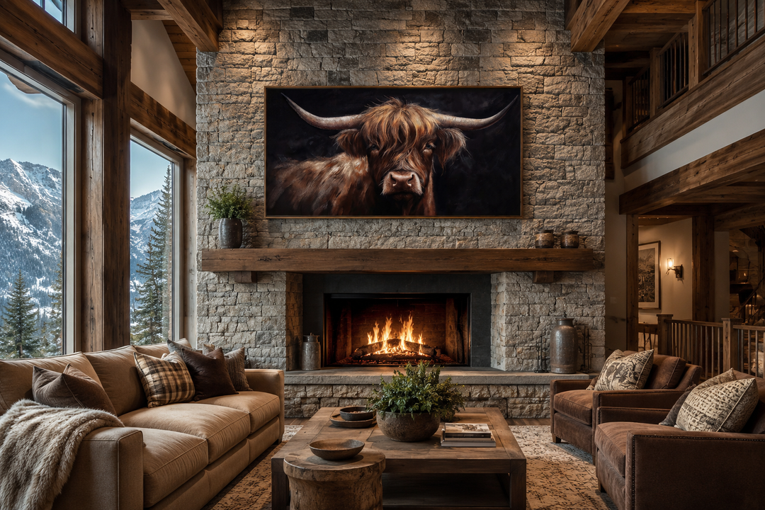 Highland cow on black background framed canvas wall art above a fireplace in a rustic living room.