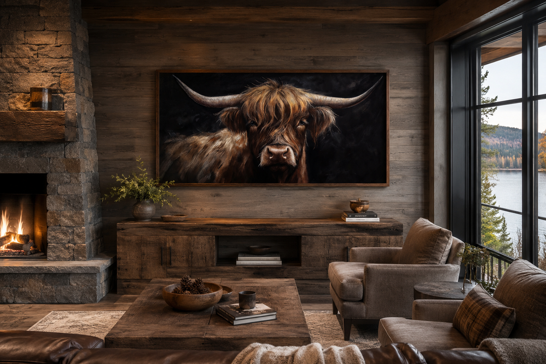 Highland cow on black background framed canvas wall art in a rustic living room above a sideboard.