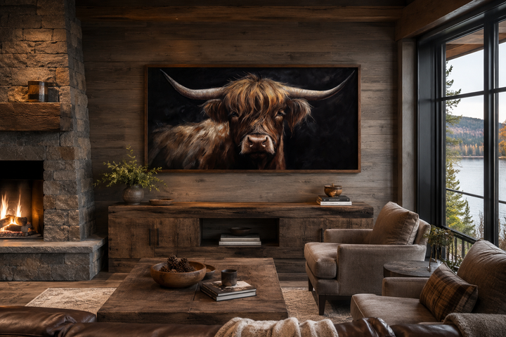 Highland cow on black background framed canvas wall art in a rustic living room above a sideboard.